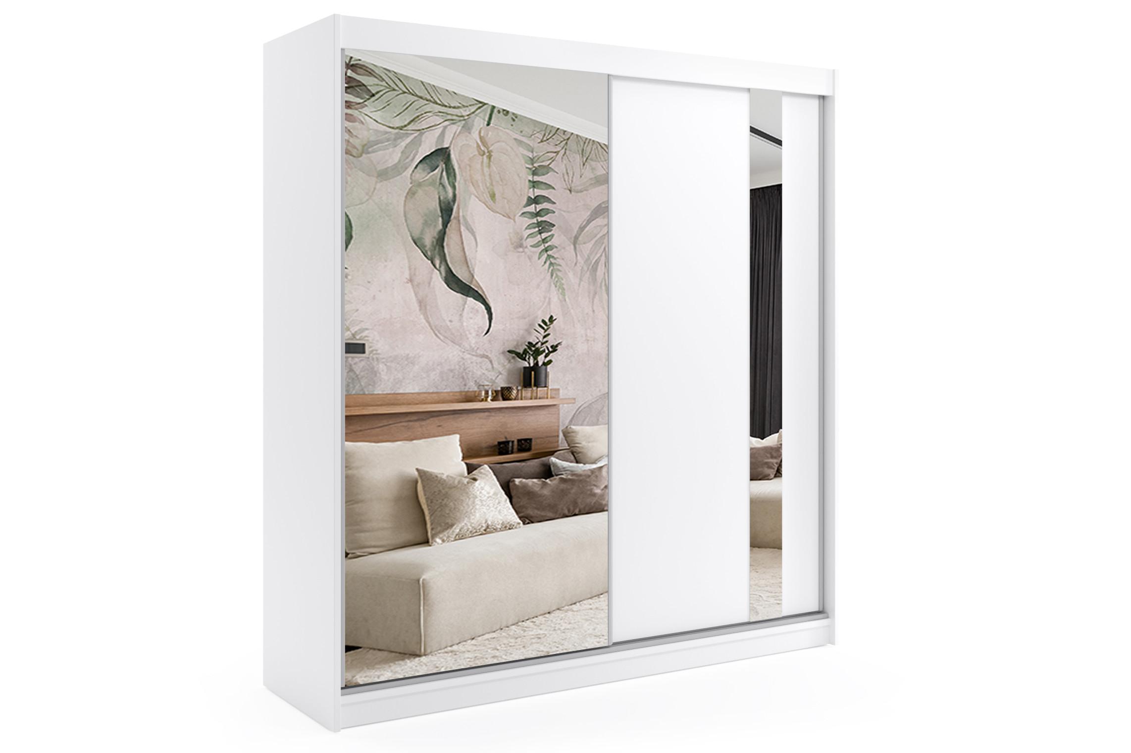 KLEIDERSCHRANK mit Spiegel-Schiebetüren und Aluminium-Leisten, LED-Beleuchtung - GRACE - 200 cm Weiß - Weiß, Holzwerkstoff (200/216/61cm) - ALTDECOR