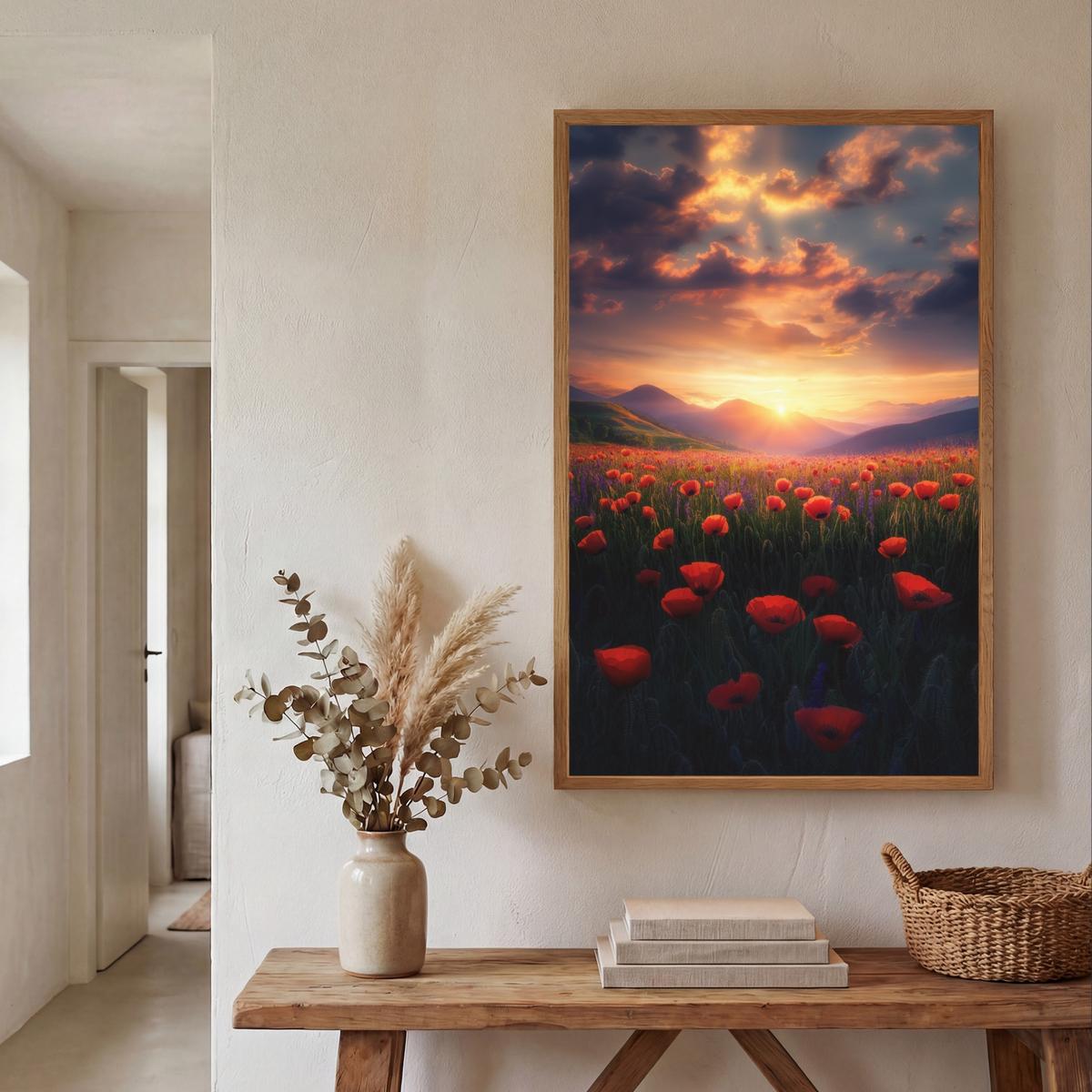 WANDLEUCHTE MIT AKKU Landschaft - Sonnenuntergang - Blumenfeld 60x90 cm - Rot, Holzwerkstoff (60/90/8cm) - OnlyWow