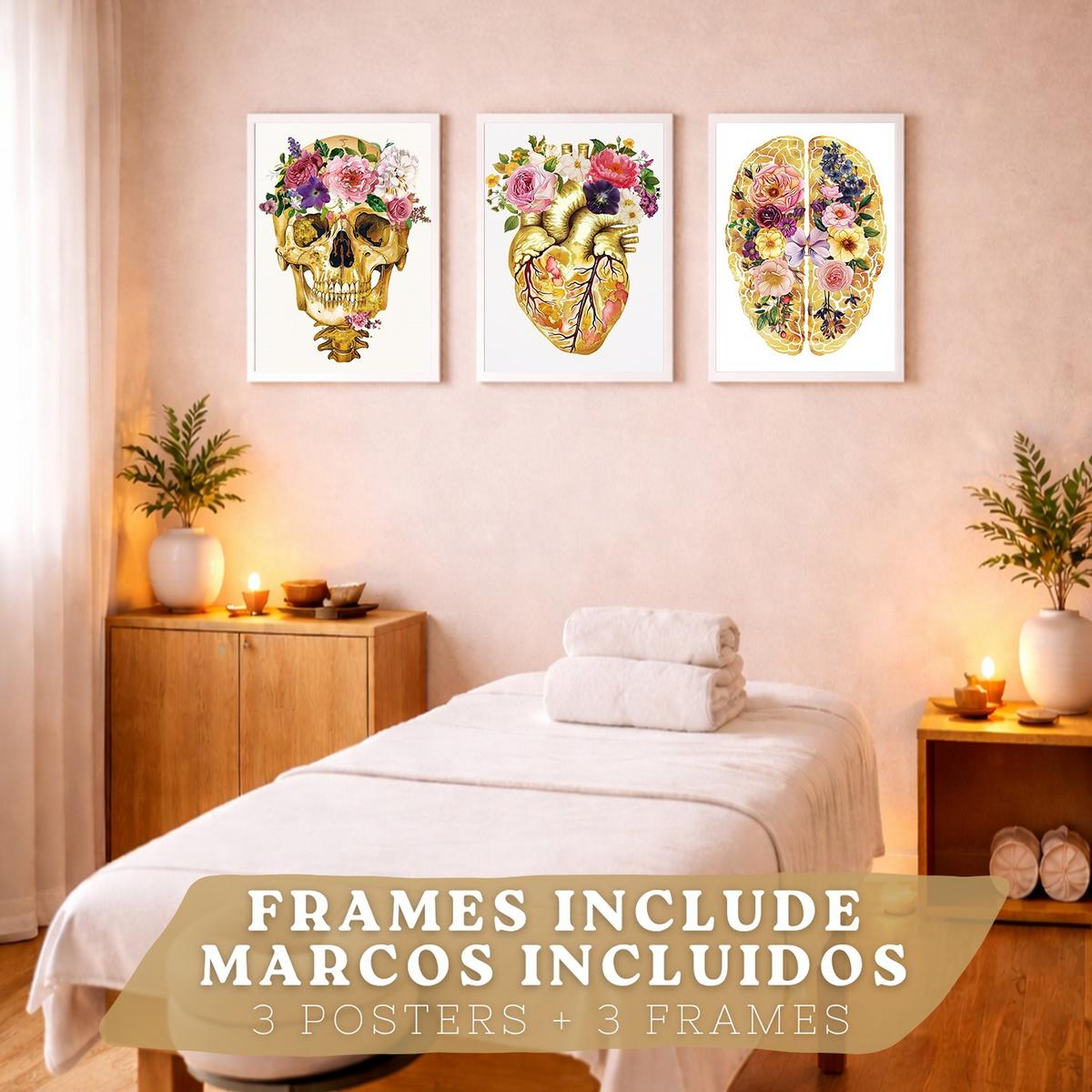 POSTER Set aus 3 Anatomie Mensch Drucke und Wandbilder mit Schädel Gehirn und Herz Goldene Florale Künstlerische Illustration Größe Weißer Rahmen A4 - Weiß, Papier (21/29.7/3cm) - Nacnic
