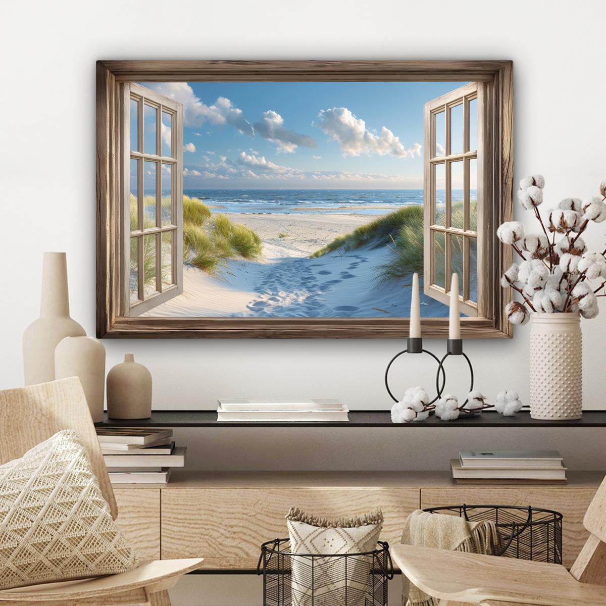 LEINWANDBILD Aussicht - Strand - Fenster - Dünen - Meer Wanddeko 90x60 cm - Hellblau, Textil (90/60cm) - MuchoWow