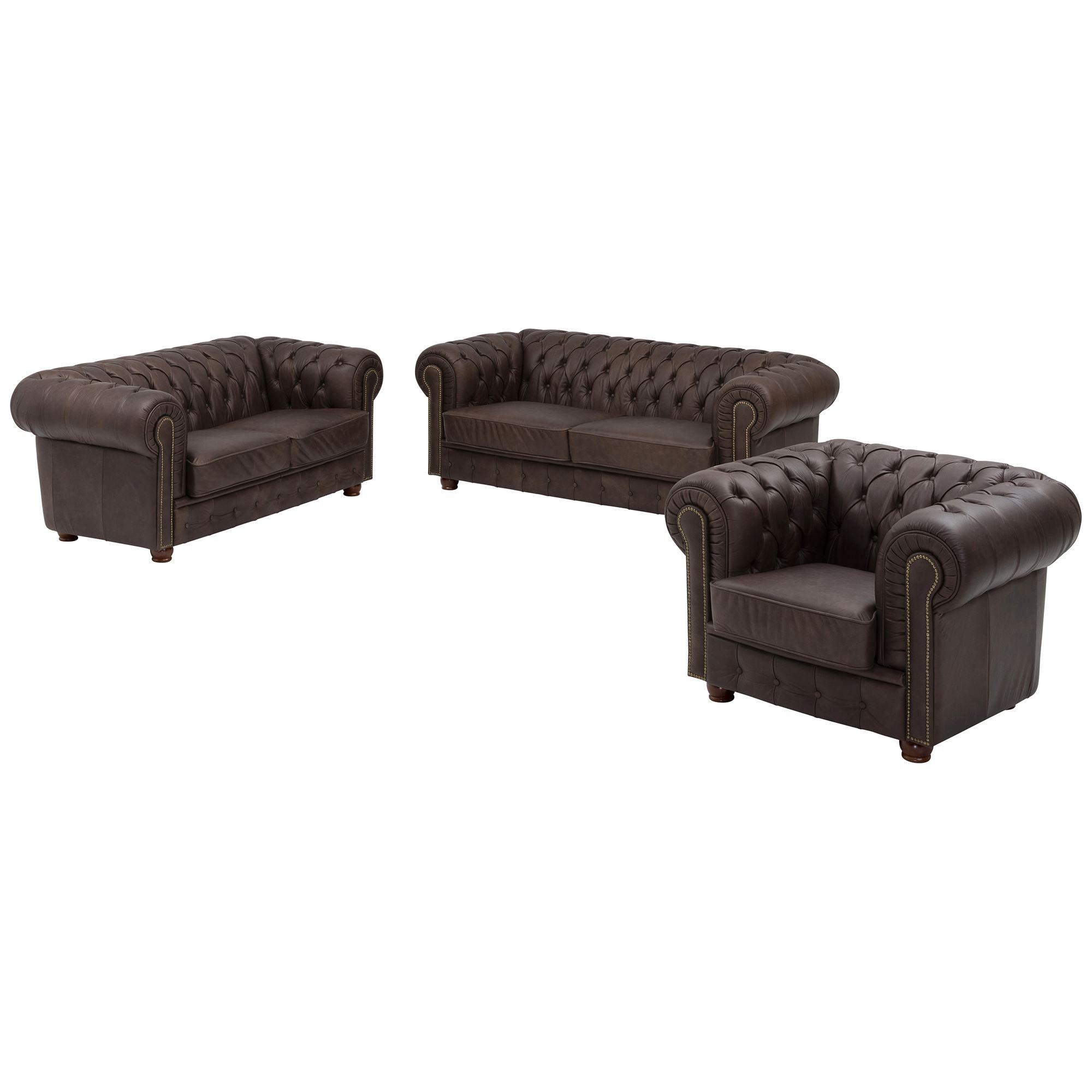 SOFAGARNITUR 3-2-1 Kath Echtleder (Antikoptik) braun - Braun, Leder (200/74/98cm) - 58aufmkessel