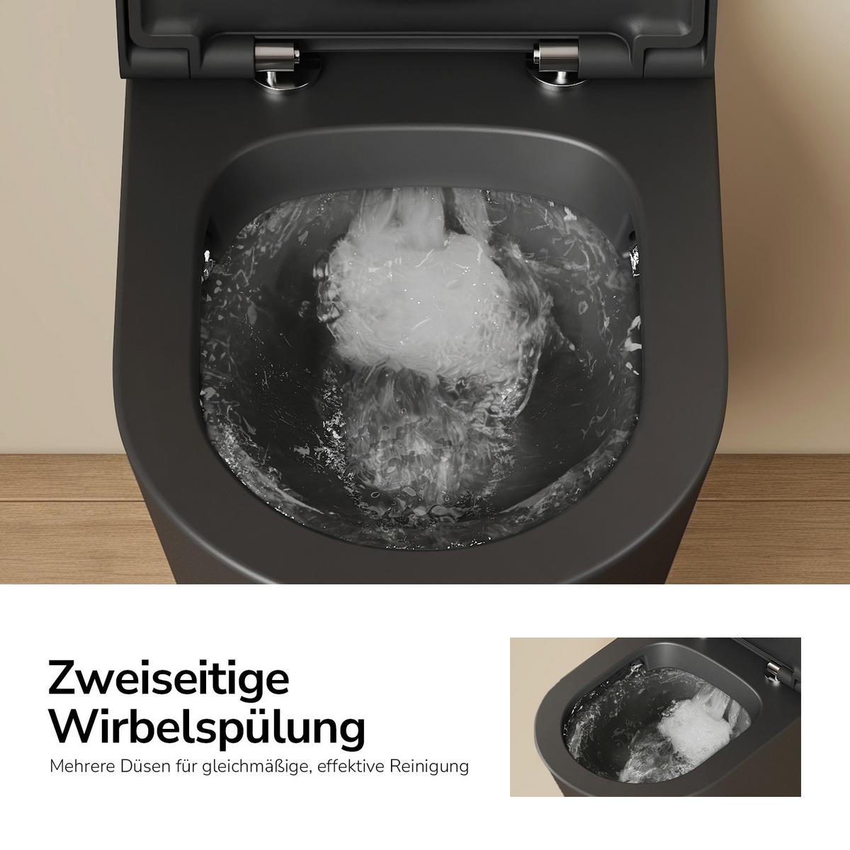 WAND-WC Set 49 x 36,5 cm inkl. WC-Sitz mit Absenkautomatik schwarz matt - Schwarz, Keramik (36.5/36/49cm) - EMKE
