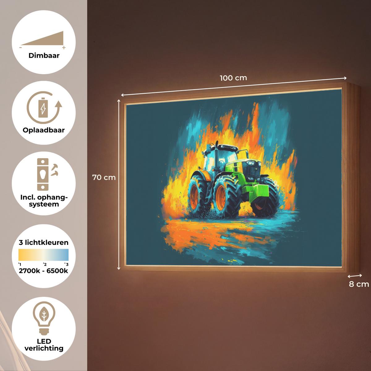 WANDLEUCHTE MIT AKKU Abstrakt - Traktor - Grün 100x70 cm - Dunkelblau, Holzwerkstoff (100/70/8cm) - OnlyWow