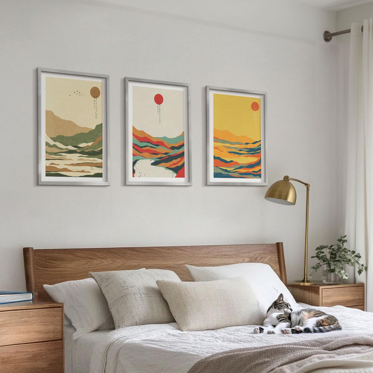 BILDER SET 3er Set - 40x60 cm Silberner Rahmen - Farbenfrohe Muster der Japandi-Flussberge - Silberfarben, Kunststoff (40/60cm) - TULUP