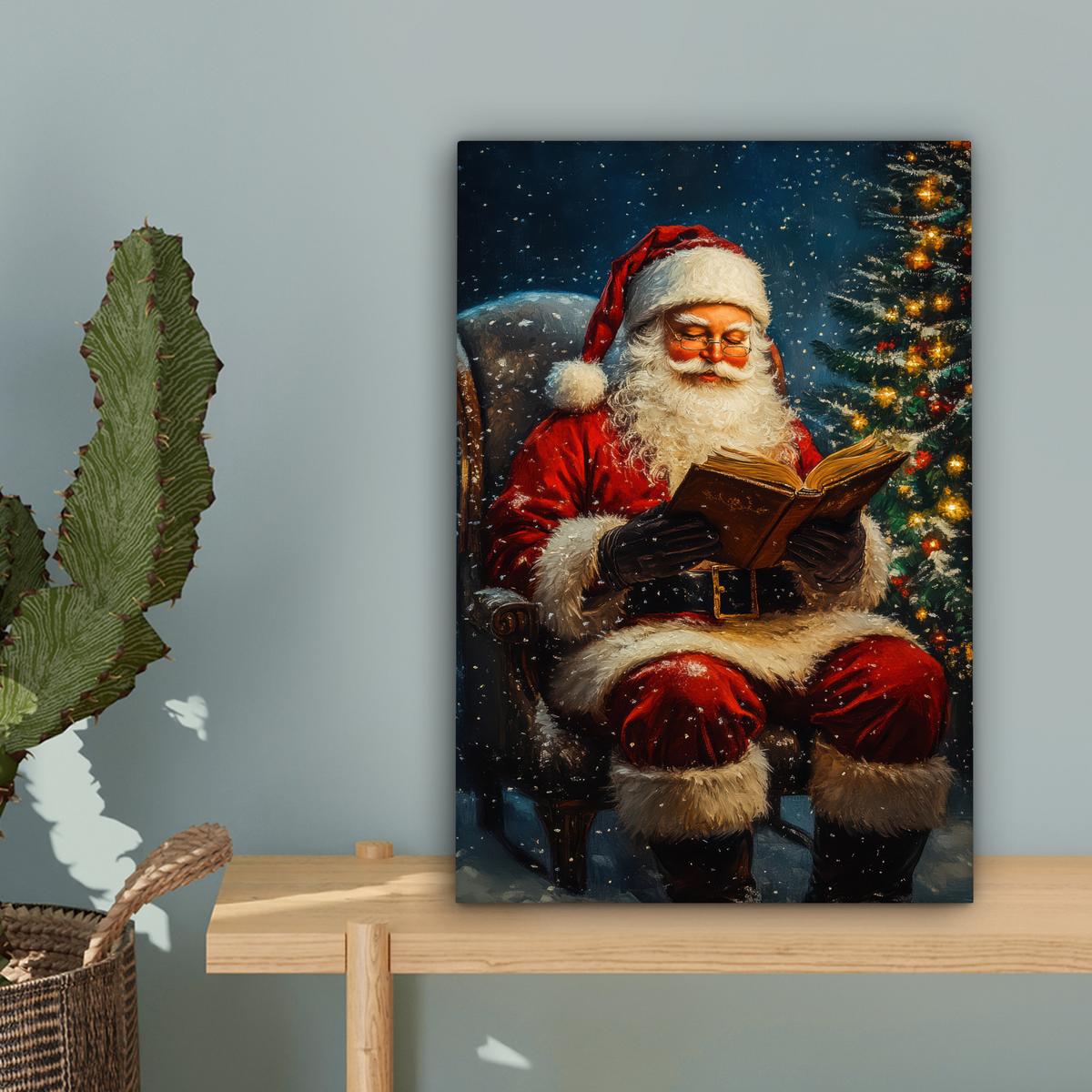 LEINWANDBILD Weihnachtsmann - Weihnachten - Winter - Weihnachtsbaum Deko Wohnzimmer 20x30 cm - Bordeaux, Textil (20/30cm) - MuchoWow