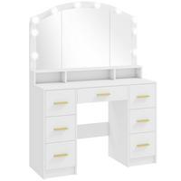 SCHMINKTISCH mit LED-Beleuchtung, 3 Lichtfarben, Spiegel, 7 Schubladen, Weiß - Weiß, Holzwerkstoff (40/150/110cm) - HOMCOM