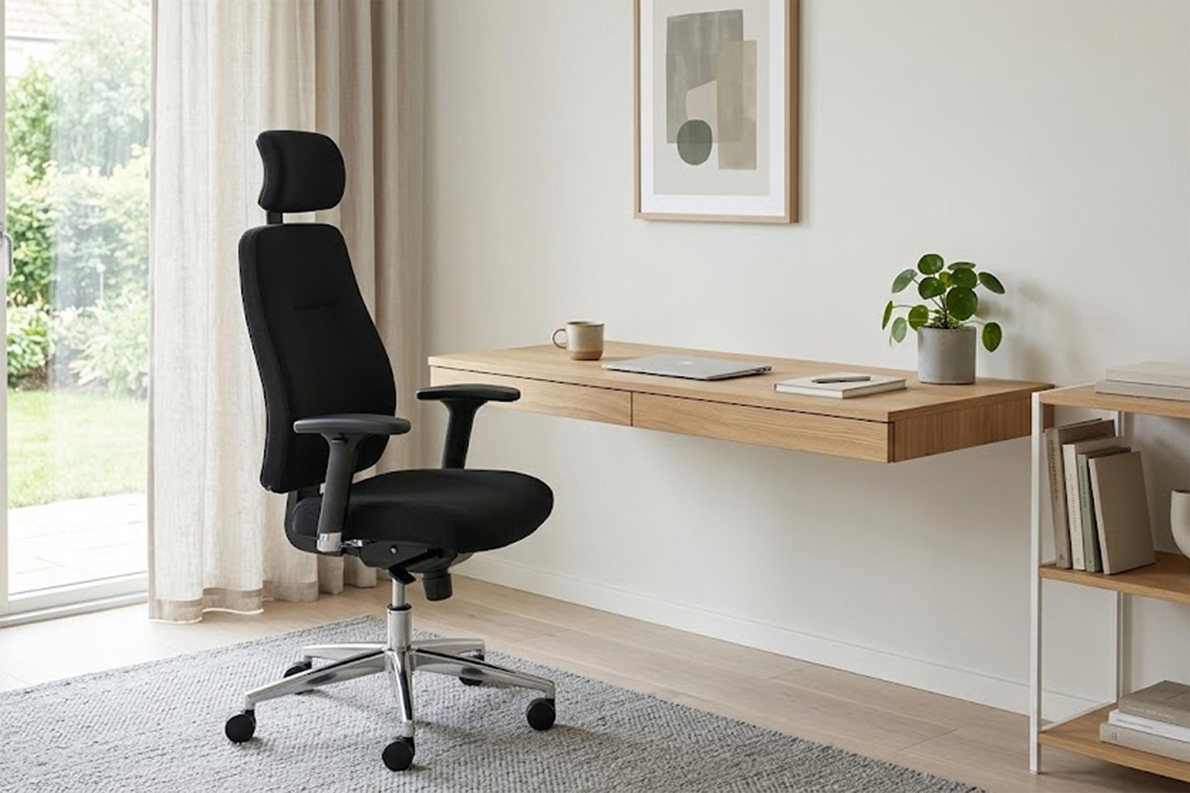 Modern, fekete színű, ergonomikus kialakítású, fejtámlás és karfás irodai forgószék világos faburkolatú, minimalistán berendezett otthoni munkakörnyezetben.