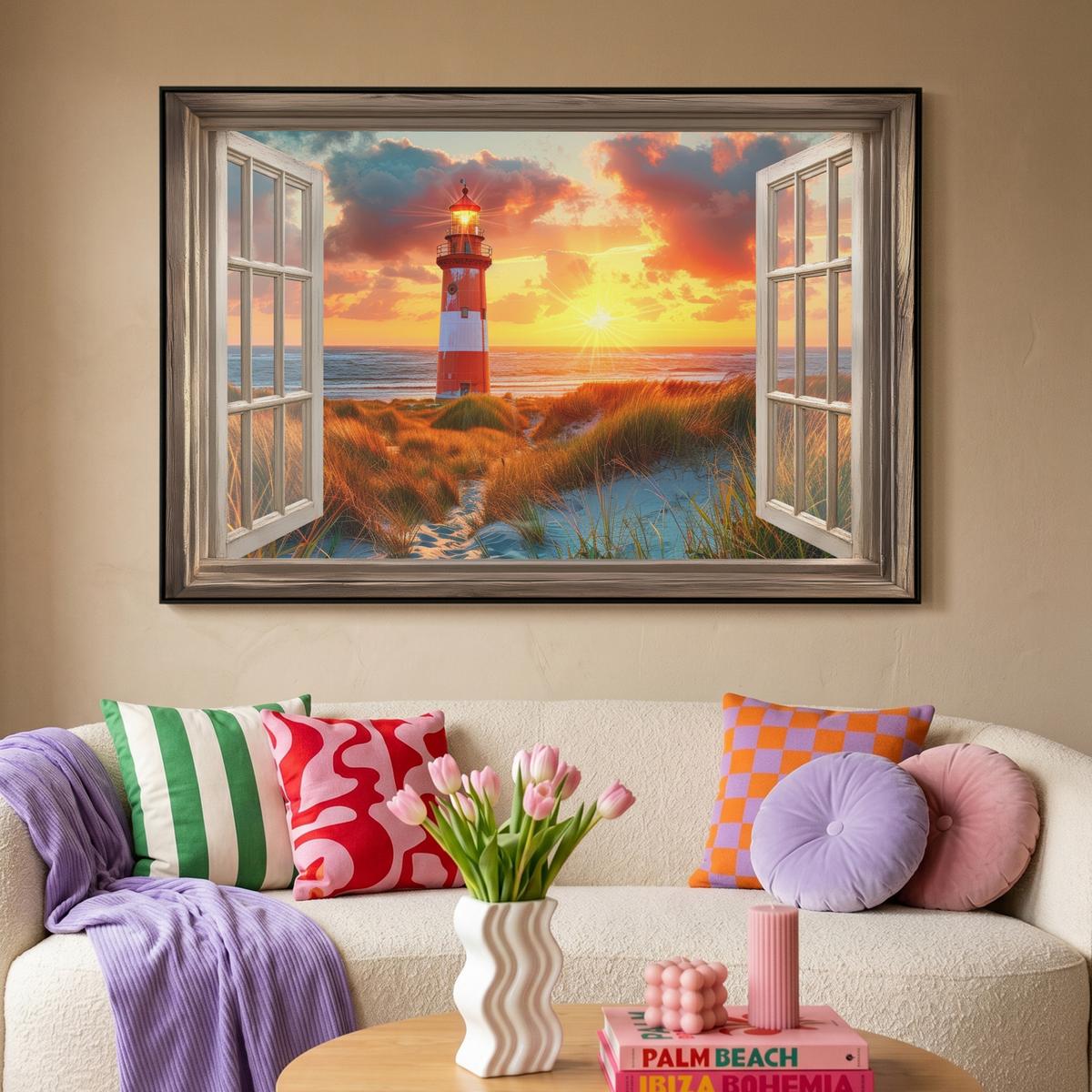 LEINWAND Bilder mit Rahmen - Aussicht - Fenster - Leuchtturm - Sonnenuntergang - Strand - 150x100 - Dunkelorange, Textil (150/100cm) - MuchoWow