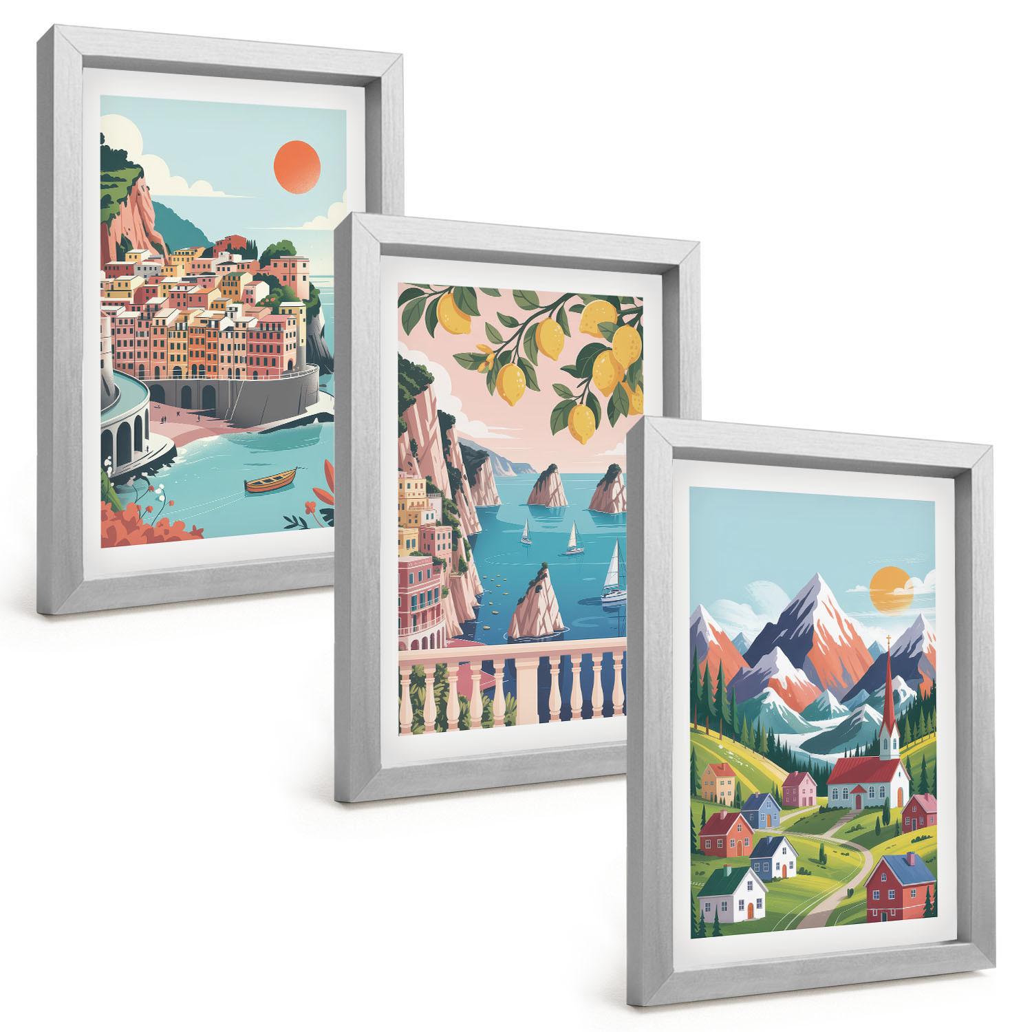 BILDER SET 3er Set - 20x30 cm Silberner Rahmen - Farbenfrohe Berge und Städte - Silberfarben, Kunststoff (20/30cm) - TULUP