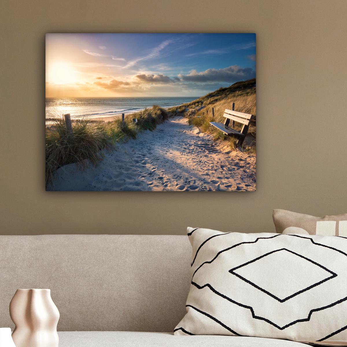 LEINWANDBILD Sonnenuntergang - Strand - Düne - Gras - Ufer Wandbild 40x30 cm - Sandfarben, Textil (40/30cm) - MuchoWow