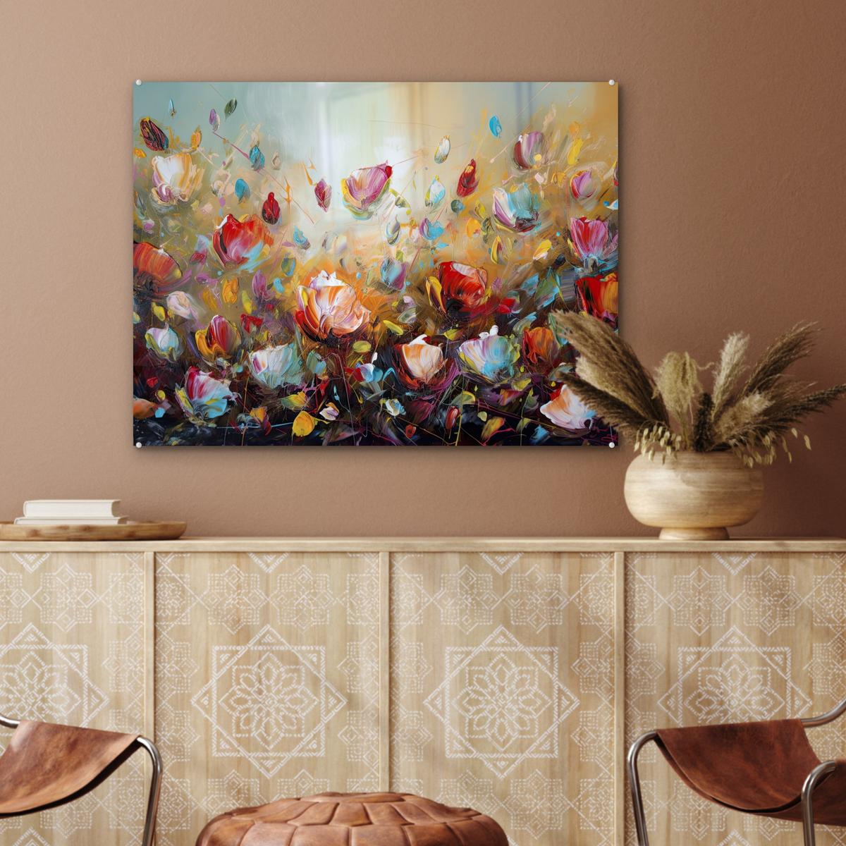 ACRYLGLASBILD Blumen - Kunst - Natur - Ölgemälde 80x60 cm - Multicolor, Glas (80/60cm) - MuchoWow