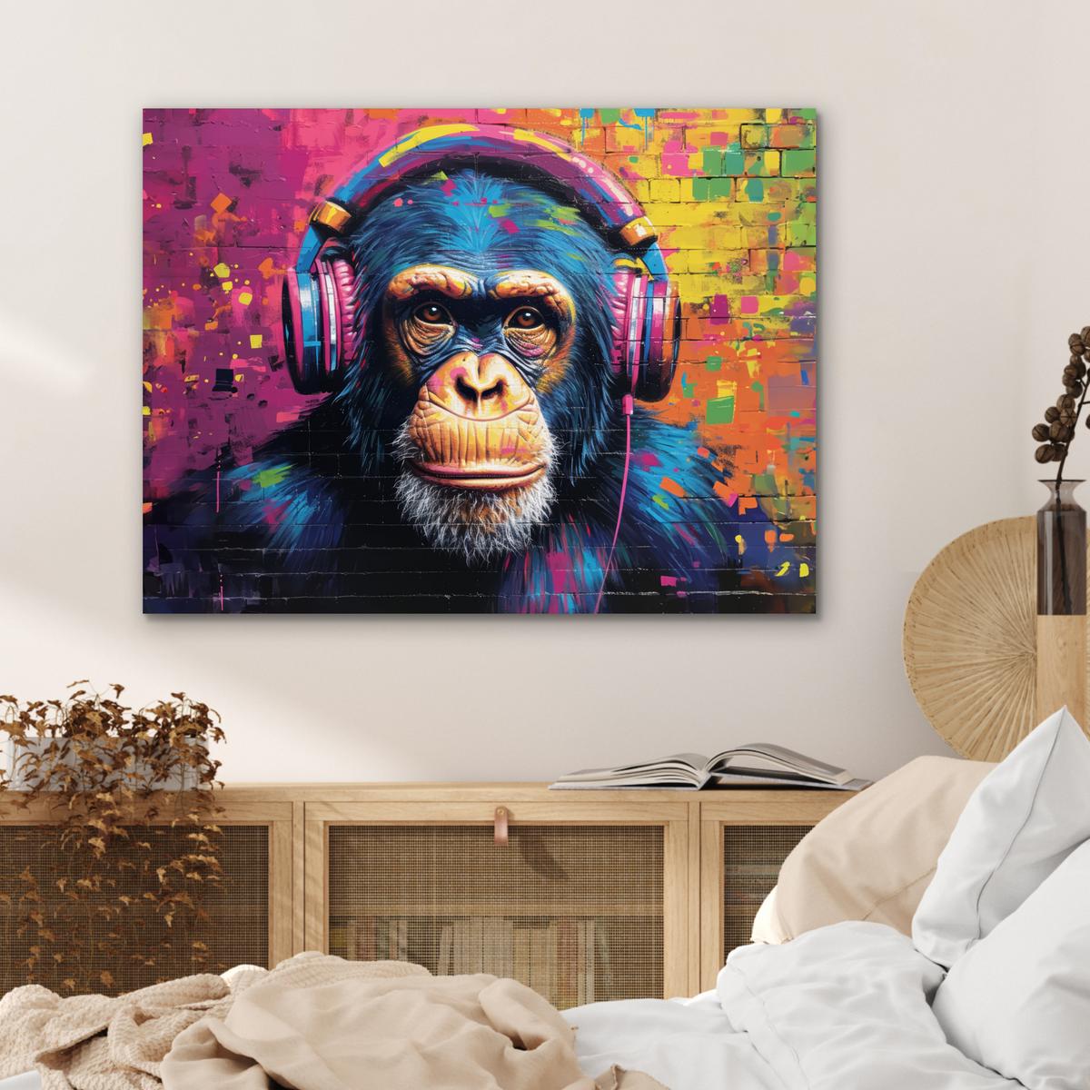 METALLBILD Graffiti - Schimpanse - Straßenkunst - Kopfhörer - Affe 80x60 cm - Blau, Metall (80/60cm) - MuchoWow