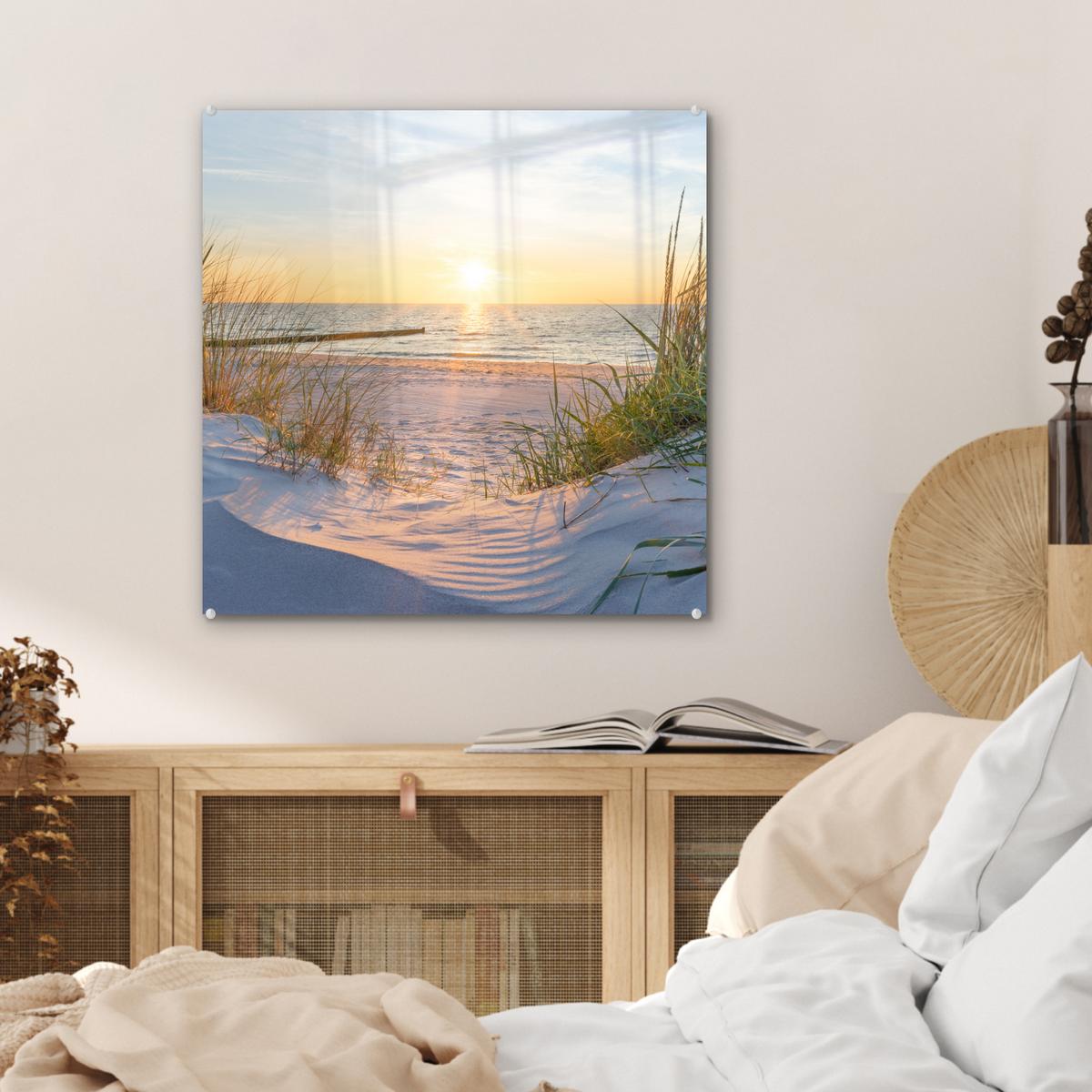 ACRYLGLASBILD Strand - Sonne - Düne - Gras - Sand - Horizont 50x50 cm - Hellblau, Glas (50/50cm) - MuchoWow