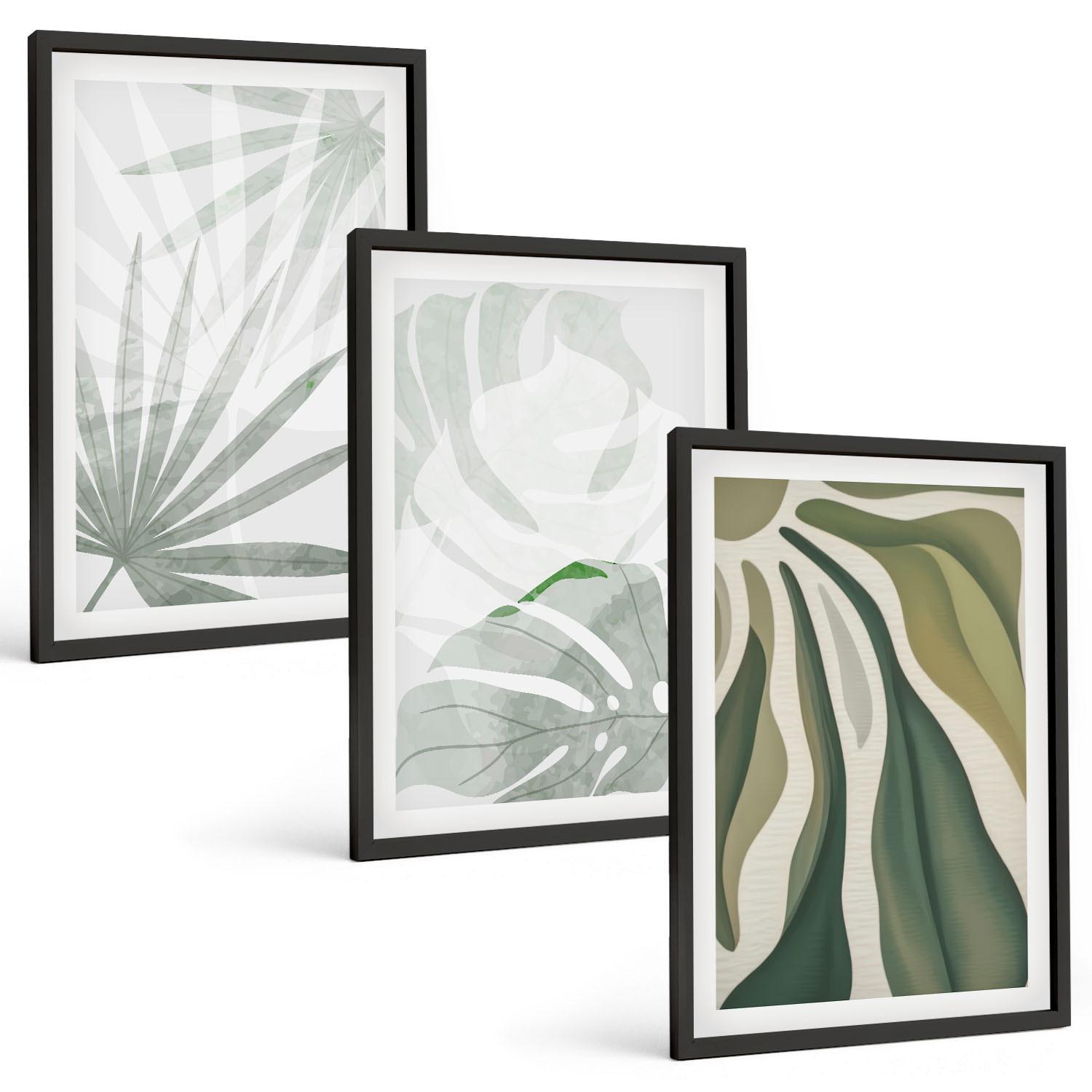 BILDER SET 3er Set - 40x60 cm Schwarzer Rahmen - Blätter von Pflanzen in Grün und Grau - Schwarz, Kunststoff (40/60cm) - TULUP
