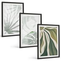 BILDER SET 3er Set - 40x60 cm Schwarzer Rahmen - Blätter von Pflanzen in Grün und Grau - Schwarz, Kunststoff (40/60cm) - TULUP