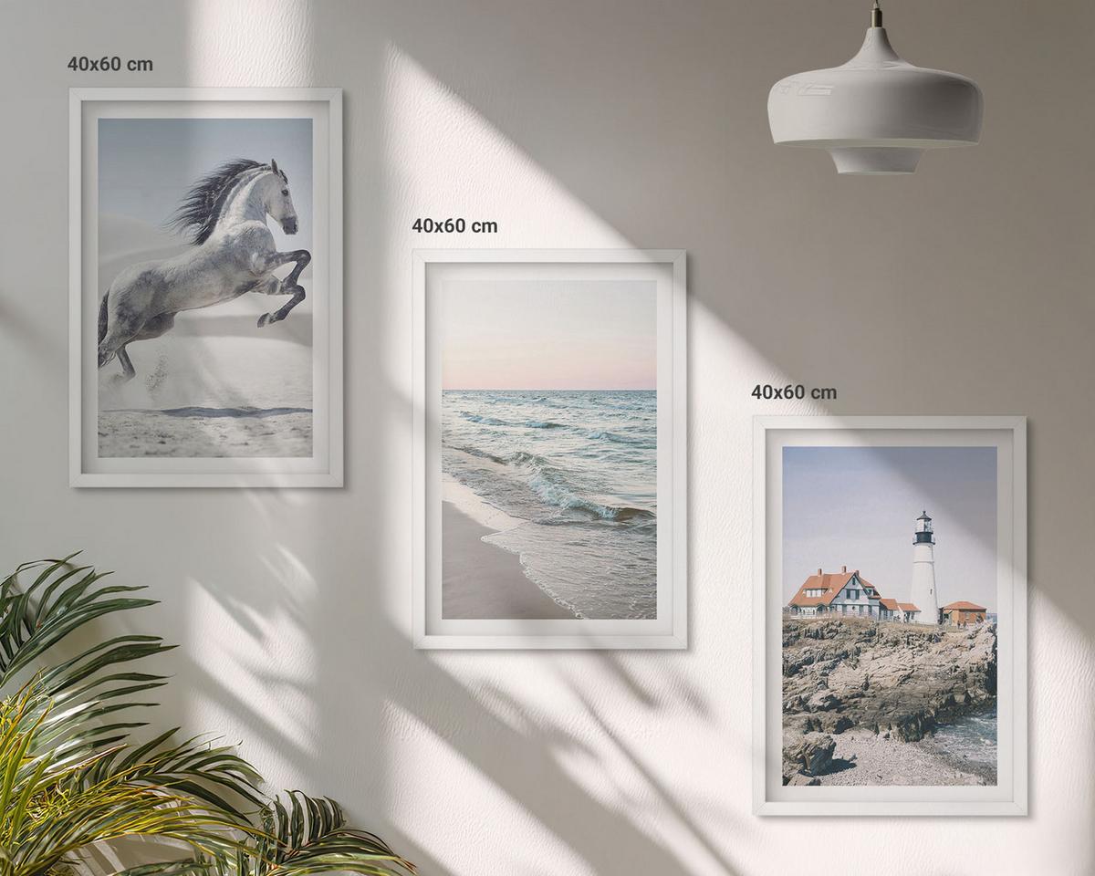 BILDER SET 3er Set - 40x60 cm Weißer Rahmen - Pferde, Strand, Leuchtturm, Wellen - Weiß, Kunststoff (40/60cm) - TULUP