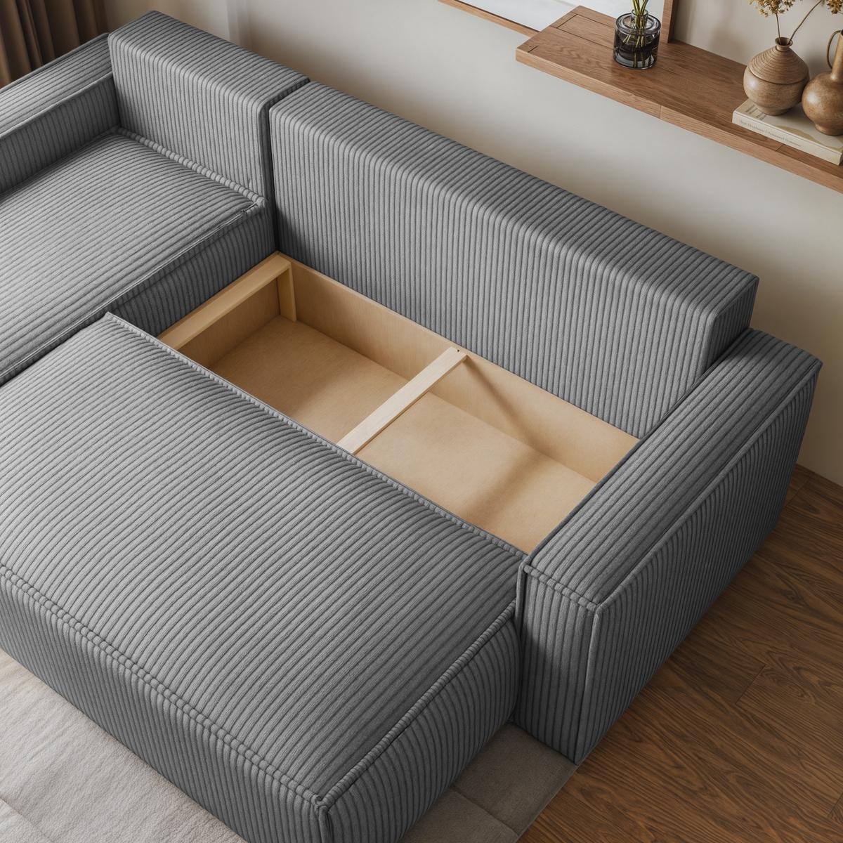 ECKSOFA RAVELO P Hellgrau Kordstoff mit Schlaffunktion - Hellgrau/Grau, Holz/Kunststoff (240/140cm) - MASSENO