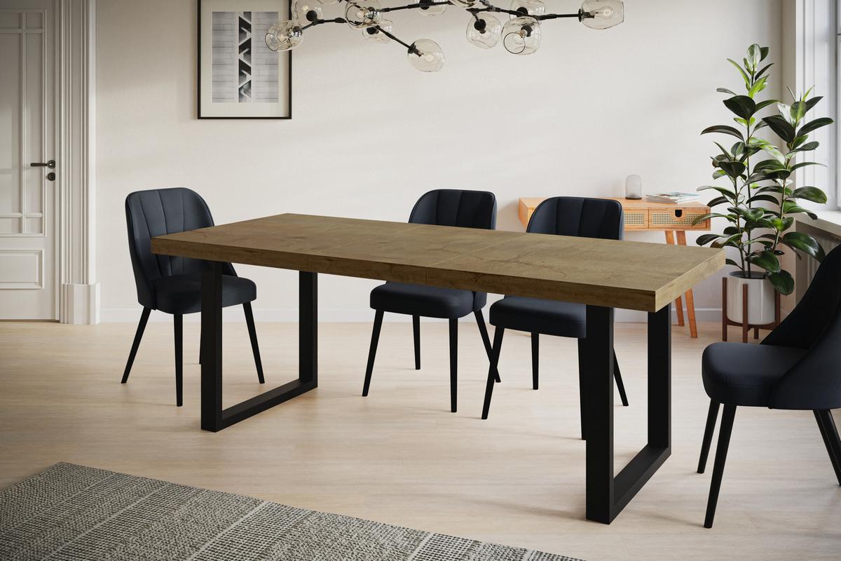 INDUSTRIELLER Esszimmertisch LOFT-U, ausziehbarer Tisch, Größe: 120-220X80X77 cm, Wohnzimmertisch Farbe: LEFKAS, mit Metallbeinen in Farbe Schwarz - Dunkelbraun/Schwarz, Holzwerkstoff (120/80/77cm) - Alpi-Möbel