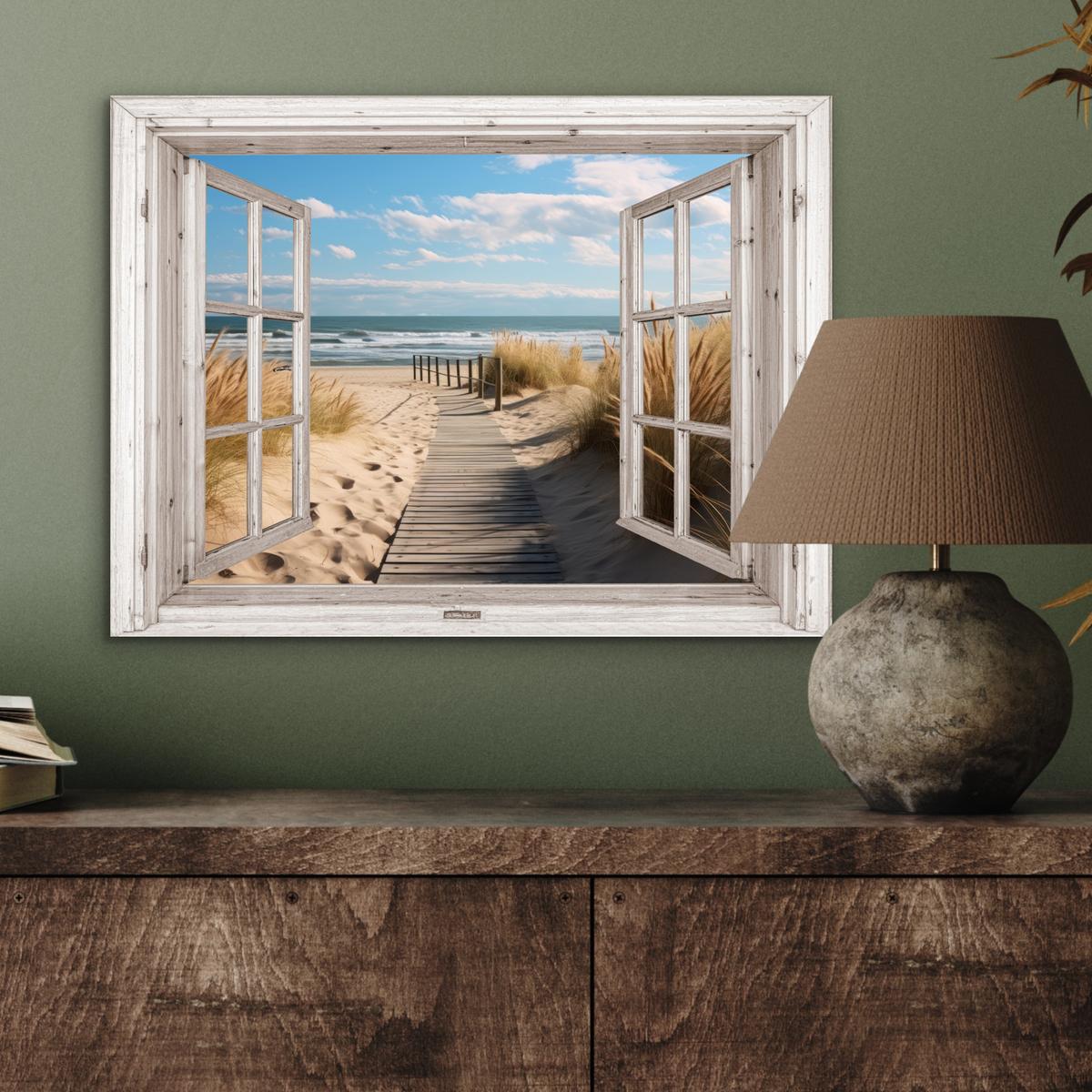 METALLBILD Fenster - Meer - Küste - Natur - Ausblick - Strand - Wattenmeer 40x30 cm - Beige, Metall (40/30cm) - MuchoWow