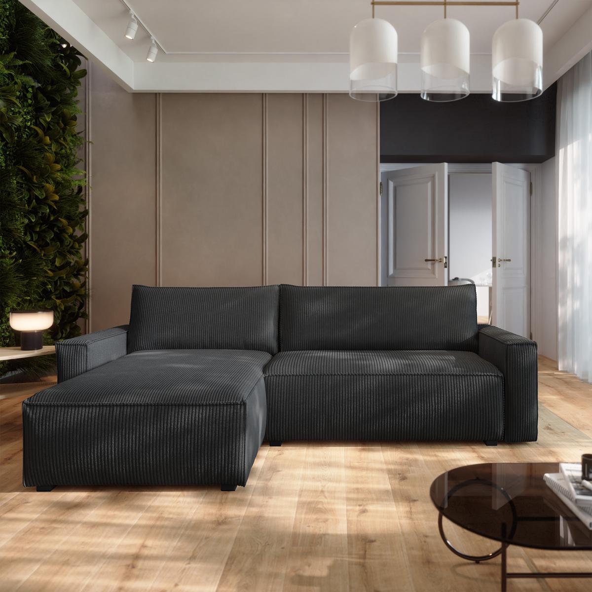 ECKSOFA BESMIR Graphitfarben Kordstoff mit Schlaffunktion - Graphitfarben, Holz (275/148cm) - MASSENO