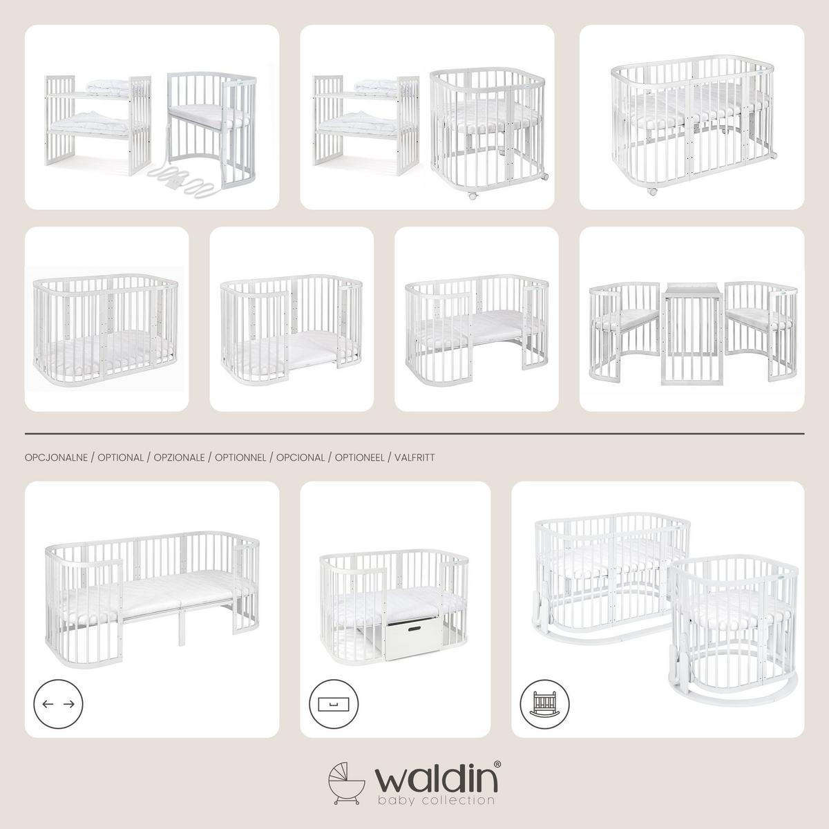 BABYBETT WHITE, 7in1 mit Matratze - Pink/Weiß, Holz/Textil (73/123cm) - waldin