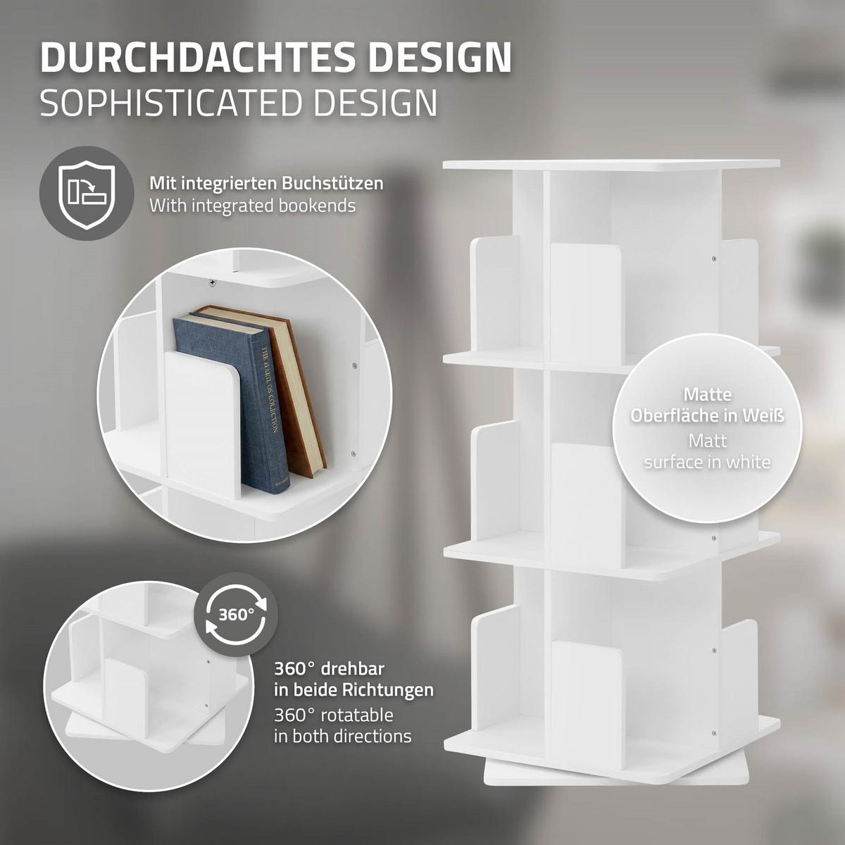 BÜCHERREGAL Kinder mit 3 Ebenen Weiß 40x94x40 cm Drehbar 360 Grad - Weiß, Holzwerkstoff (40/94/40cm) - ML-DESIGN