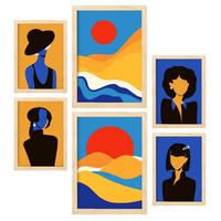 POSTER Set Mit 6 Wüstenjungen In Weibliche Zusammenfassung Ästhetische Dekorative Gemälde Für Ihr Wohnzimmer Zuhause A3 & A4 Rahmen Aus Hellem Holz - Beige, Papier (29/3cm) - Nacnic