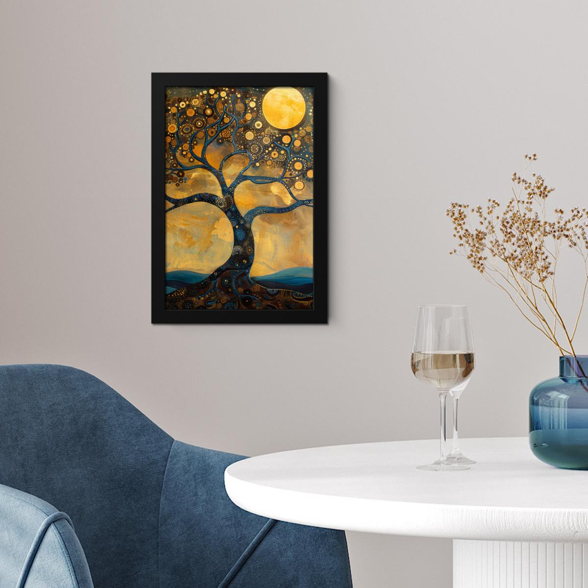 POSTER MIT RAHMEN Baum - Mond - Blumen - Gold - Kunst Poster 20x30 cm - Orange, Papier (20/30cm) - MuchoWow