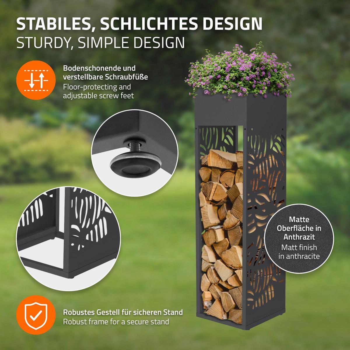 KAMINHOLZREGAL Innen Außen Metall Brennholzregal mit Pflanzkasten Stahl Verzinkt Anthrazit 30x30x111 cm Blätter-Motiv - Anthrazit, Metall (30/111/30cm) - ML-DESIGN