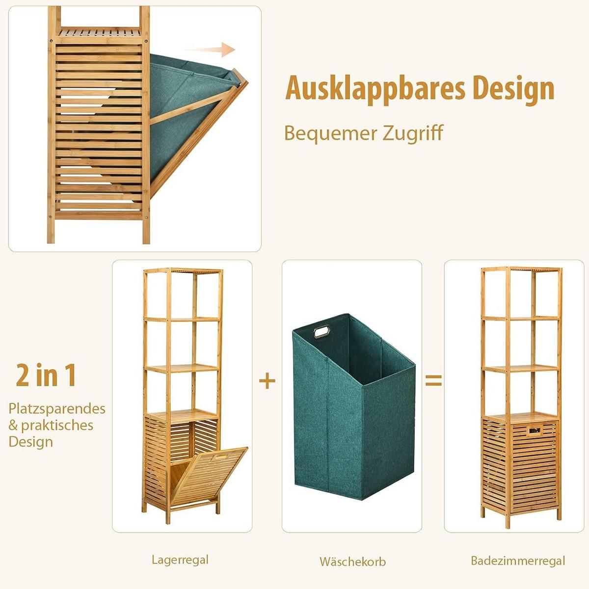 WÄSCHESCHRANK mit abnehmbarem Wäschesack & Griff natur - Naturfarben, Naturmaterialen (40/160/33cm) - COSTWAY