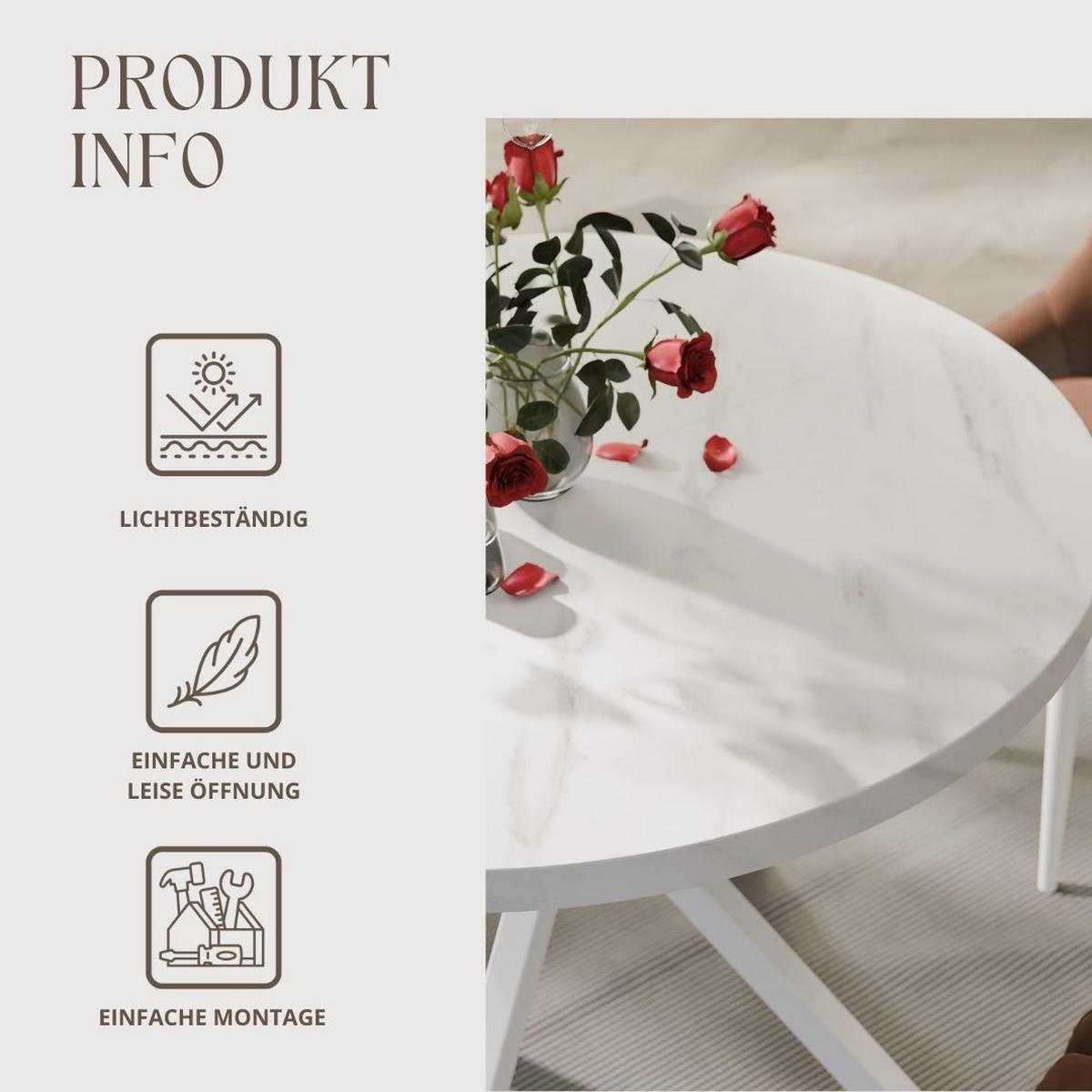 AUSZIEHTISCH MILTON 120-196/76 cm mit Metallgestell, Weiß / Bianco Marmor - Perlmutt/Weiß, Holzwerkstoff/Metall (120/120/76cm) - Idohome
