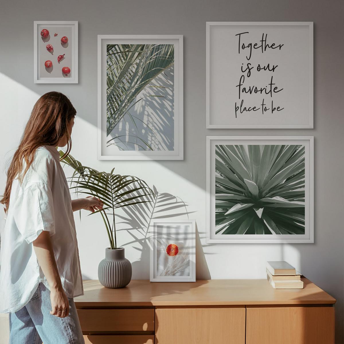 BILDER SET 5er Set - 50x50 cm & 20x30 cm & 40x60 cm Weißer Rahmen - Feiertags-Palmenfrucht-Inschrift - Weiß, Kunststoff (40/60cm) - TULUP