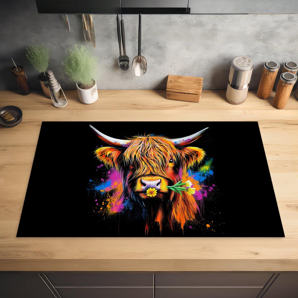 HERDABDECKPLATTE Schottischer Highlander - Graffiti - Bunt - Blume - Tiere Ceranfeldabdeckung 85x52 cm - Multicolor, Kunststoff (85/52/0.2cm) - MuchoWow