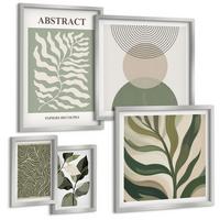 BILDER SET 5er Set - 50x50 cm & 20x30 cm & 40x60 cm Silberner Rahmen - Blätter geometrische Formen abstrakt - Silberfarben, Kunststoff (40/60cm) - TULUP
