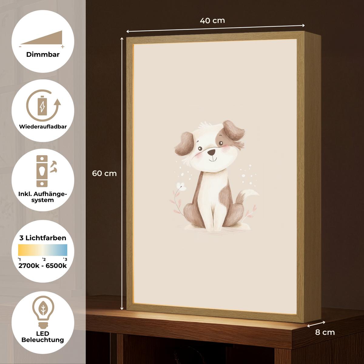 NACHTTISCHLAMPE MIT AKKU Hund - Gefleckt - Braun 40x60 cm - Beige, Holzwerkstoff (8/40/60cm) - OnlyWow