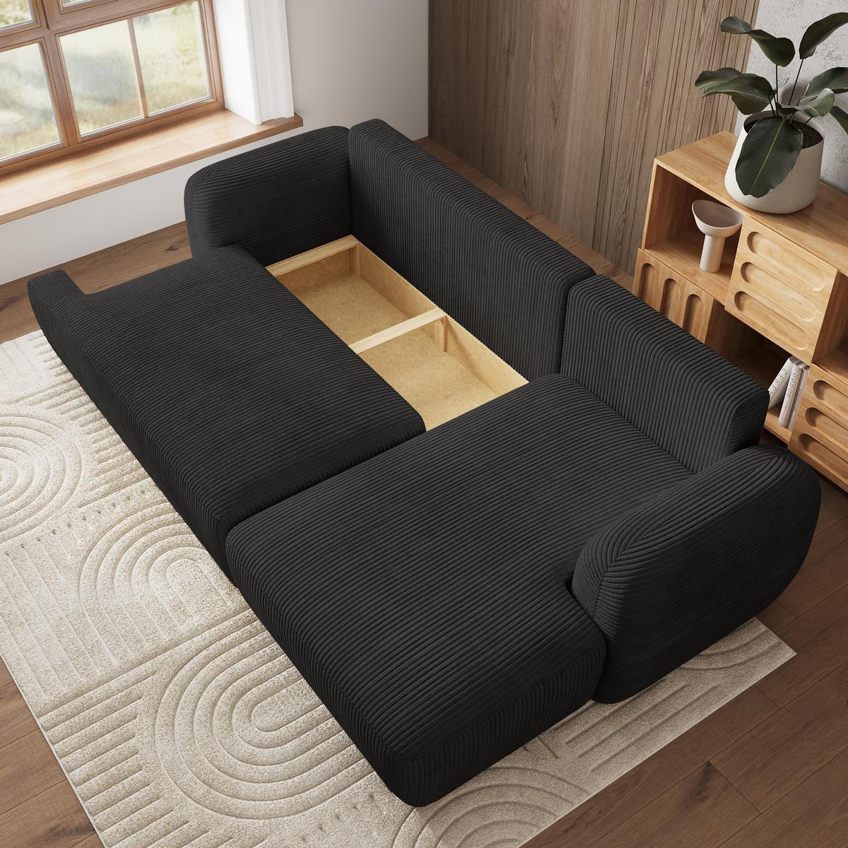 ECKSOFA MODENZA P R-S Schwarz Kordstoff mit Schlaffunktion - Schwarz, Holz/Kunststoff (266/148cm) - MASSENO