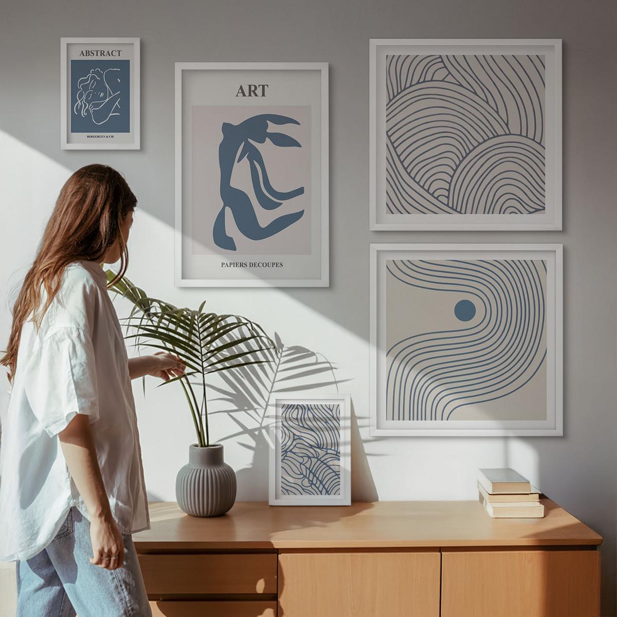 BILDER SET 5er Set - 50x50 cm & 20x30 cm & 40x60 cm Weißer Rahmen - Abstrakte blaue Linien - Weiß, Kunststoff (40/60cm) - TULUP