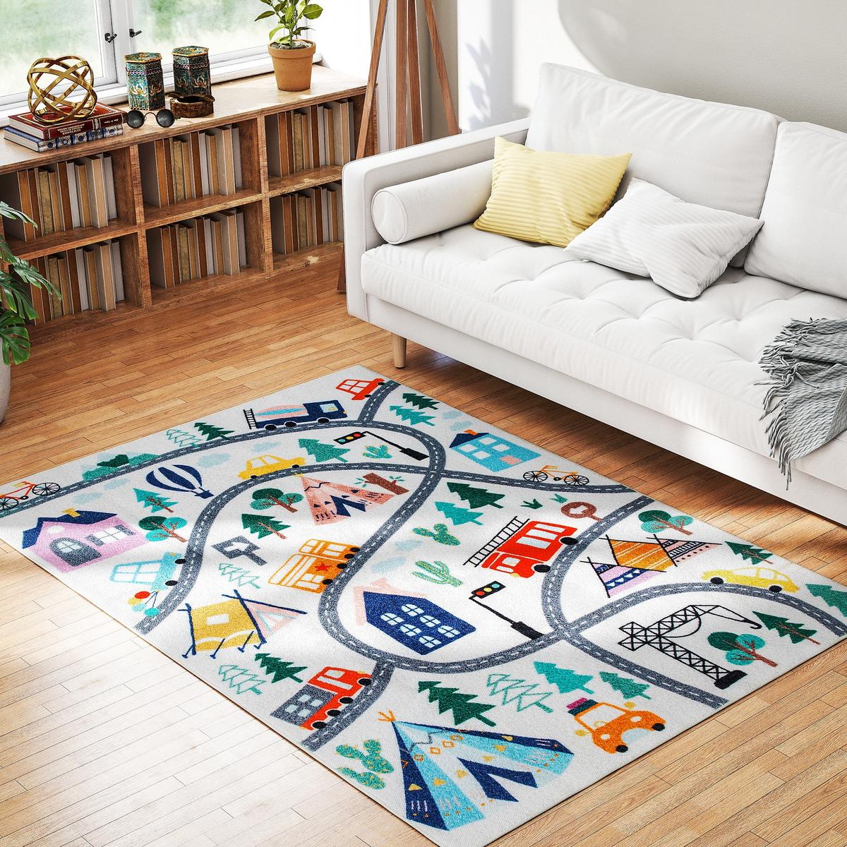 TEPPICH Anti-Rutsch Küchenteppich Kurzflor mit Fleece-Optik, Autobahn-Muster - Multicolor, Textil (120/160cm) - HOMCOM