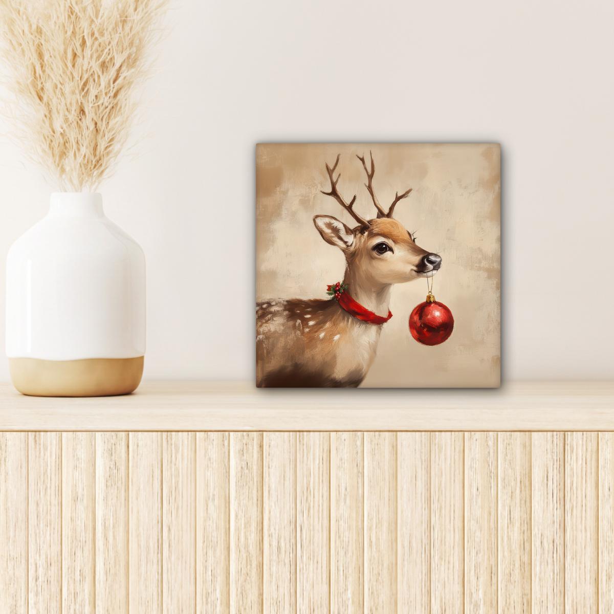 LEINWANDBILD Weihnachten - Hirsch - Geweih - Weihnachtskugel - Rentier Deko Wohnzimmer 20x20 cm - Hellbraun, Textil (20/20cm) - MuchoWow