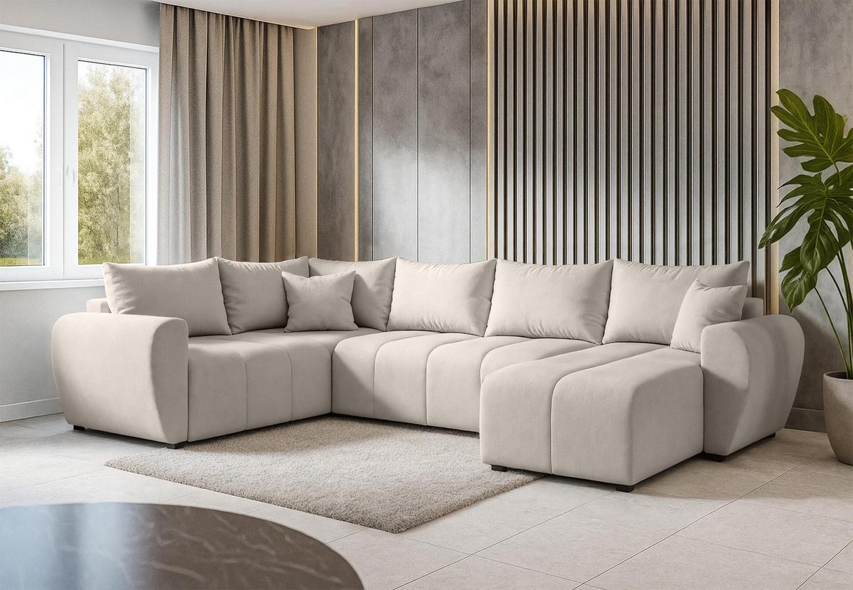 WOHNLANDSCHAFT Malatya U Form MAX Beige 311/145/80 cm mit Schlaffunktion - Beige/Schwarz, Kunststoff/Textil (303/80/208cm) - AX Living