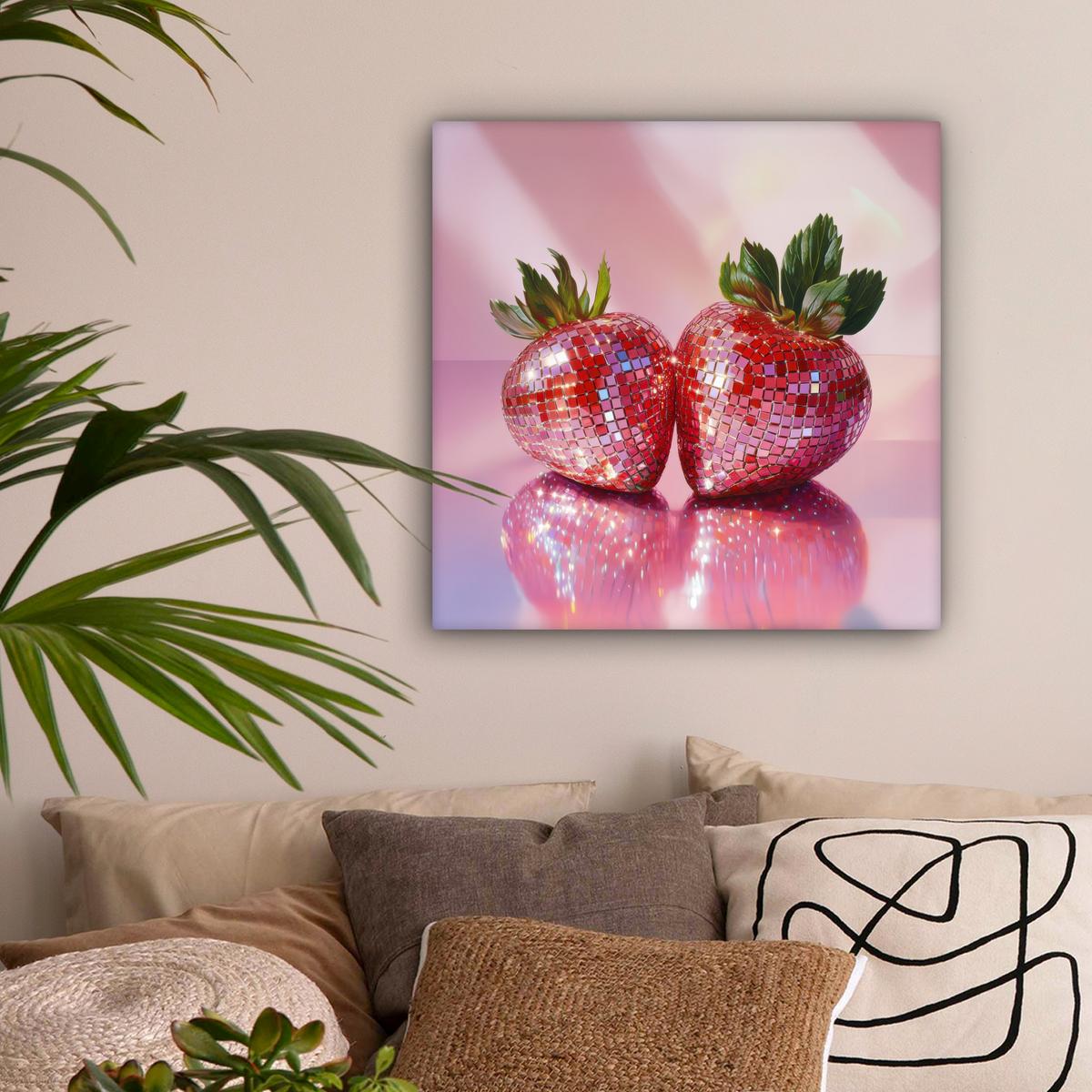 LEINWANDBILD Disco - Obst - Glitzer - Erdbeere Wandbild Wohnzimmer 50x50 cm - Pink, Textil (50/50cm) - MuchoWow