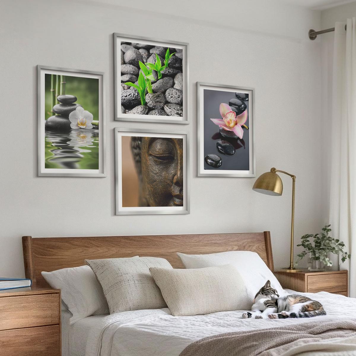 BILDER SET 4er Set - 50x50 cm & 40x60 cm Silberner Rahmen - Friedliche Zen-Blumen-Buddha-Komposition - Silberfarben, Kunststoff (50/50cm) - TULUP
