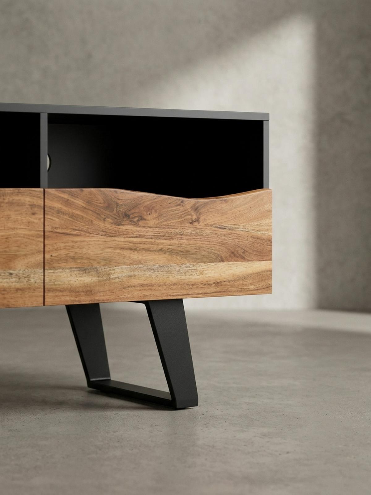LOWBOARD Akazie Massivholz Modern Stil 140x50x40 cm Baumkante mit Schublade und Türen - Schwarz, Holz/Metall (140/50/40cm) - KADIMA DESIGN