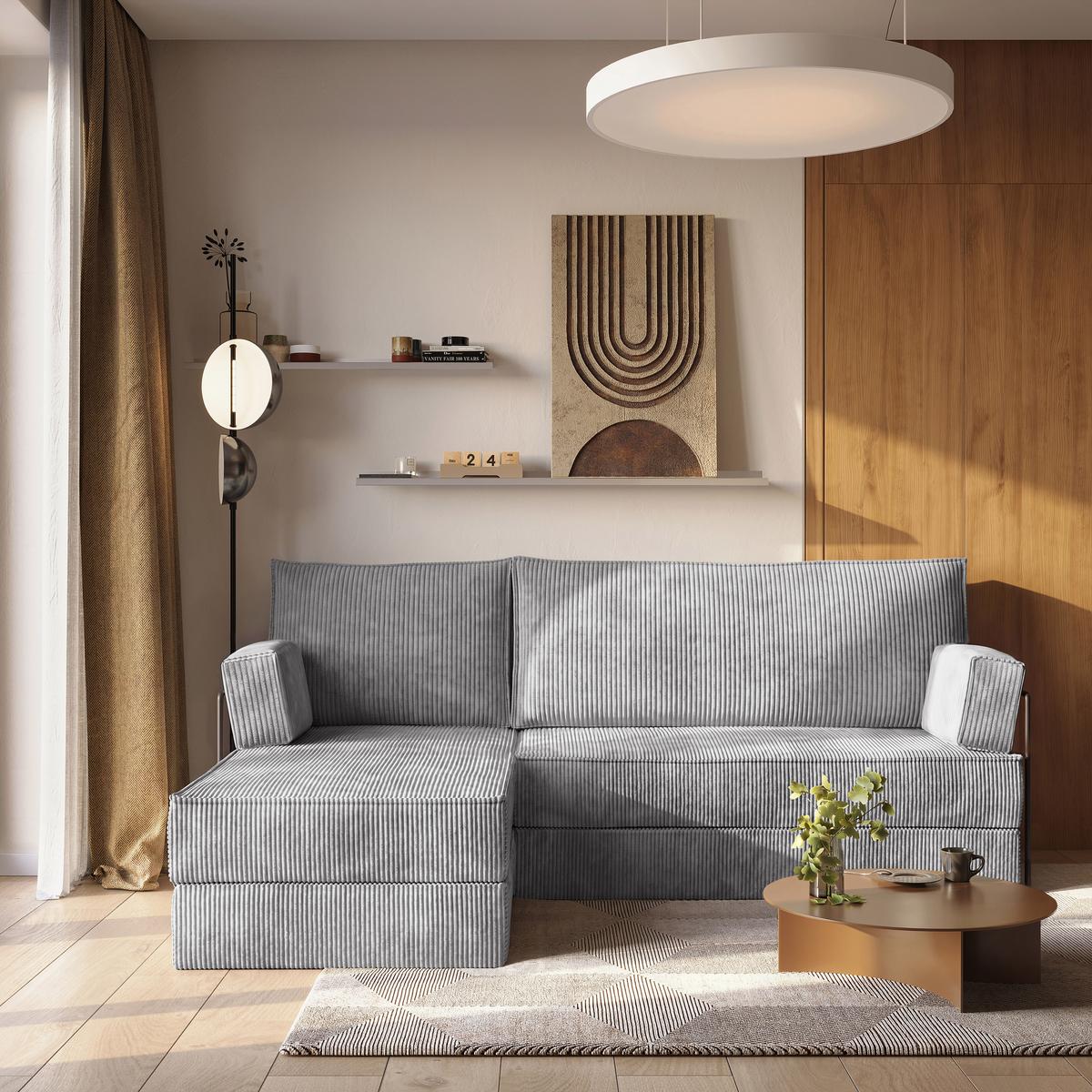 ECKSOFA NOTIA modulares Boneless Sofa mit Schlaffunktion Hellgrau Kordstoff - Hellgrau, Textil (200/120cm) - MASSENO