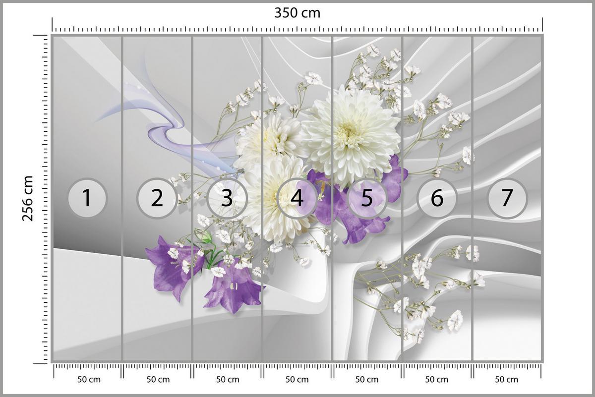FOTOTAPETE für Wohnzimmer BLUMEN Abstraktes Welliges Raumhintergrund 350x256 - Violett/Weiß, Papier (350/256cm) - Muralo