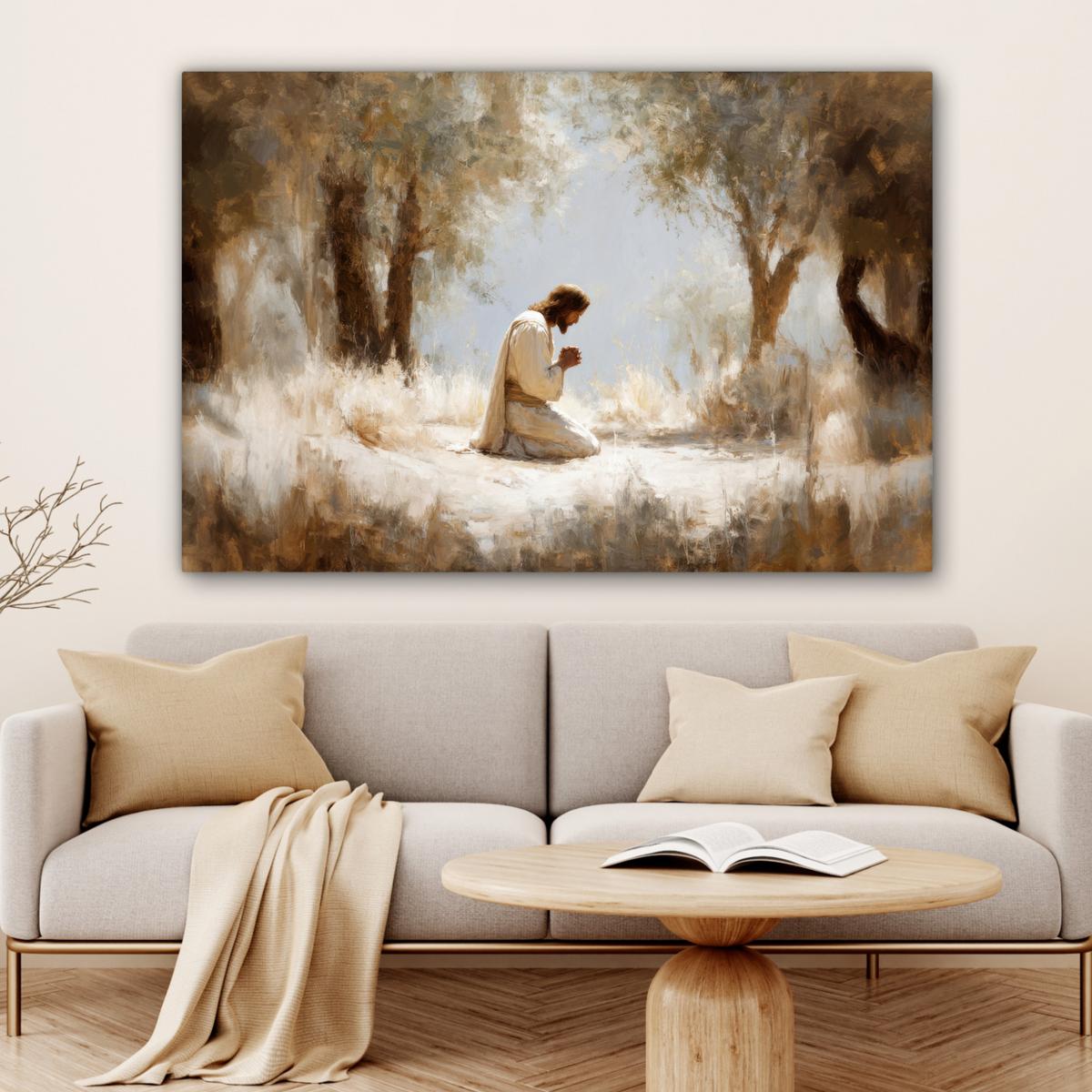 LEINWANDBILD Jesus - Kniend - Waldlandschaft - Betend Groß 140x90 cm - Beige/Hellblau, Textil (140/90cm) - MuchoWow