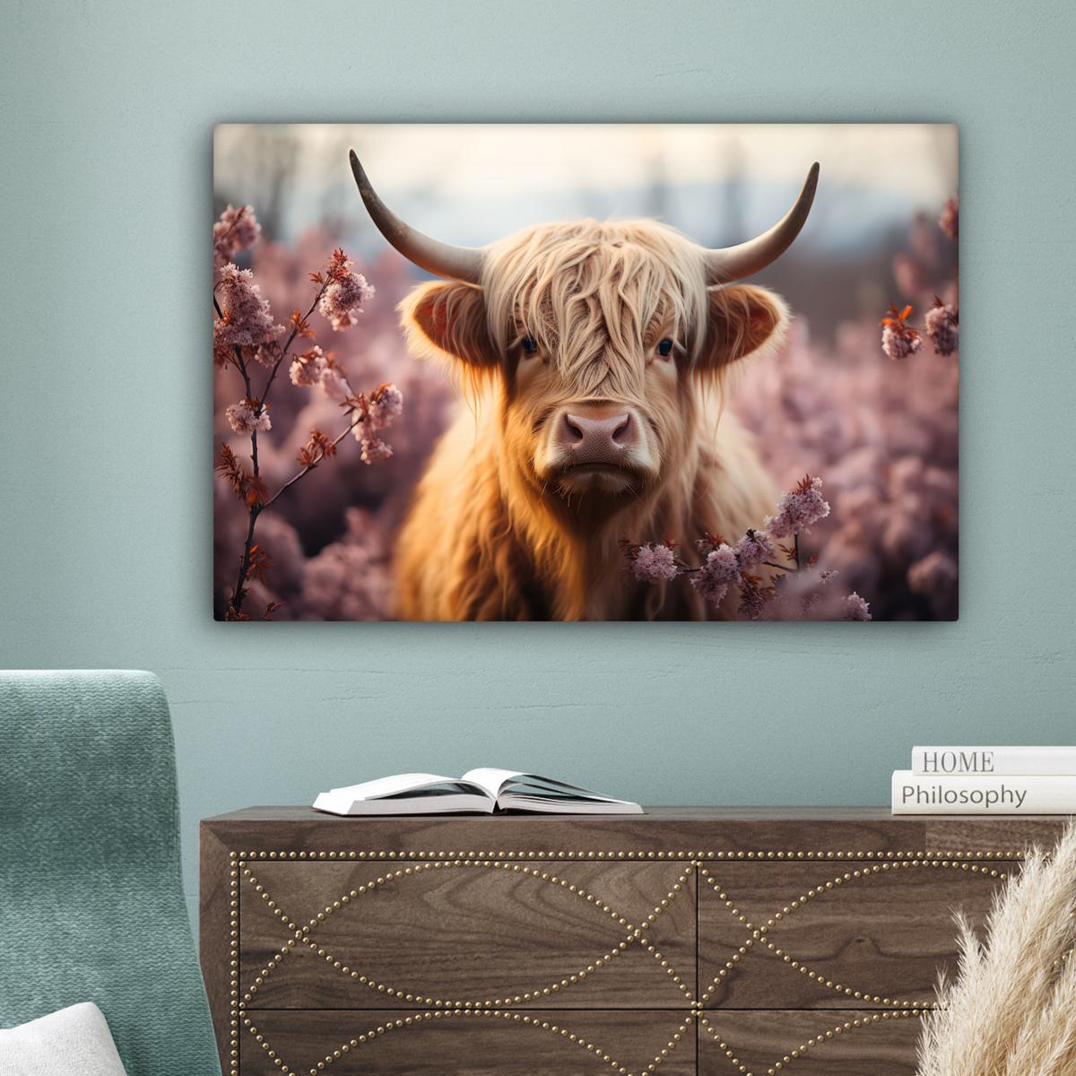 LEINWANDBILD Schottischer Hochländer - Frühling - Hochland Wanddeko 90x60 cm - Hellrosa, Textil (90/60cm) - MuchoWow