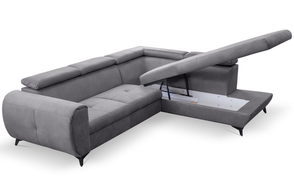 ECKSOFA MAGIA R-S Grau Plüsch-Stoff mit Schlaffunktion - Grau, Holz (260/217cm) - MASSENO