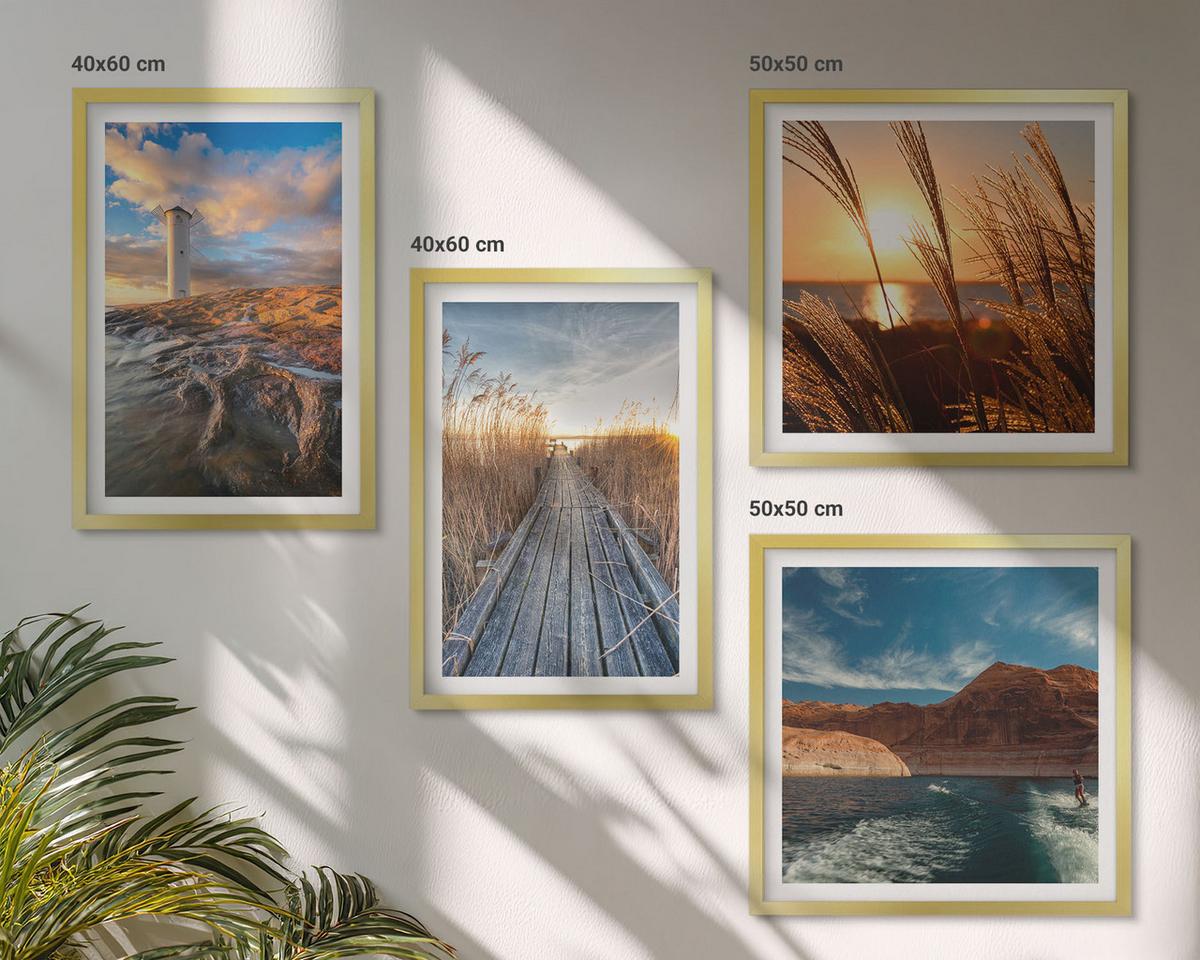 BILDER SET 4er Set - 50x50 cm & 40x60 cm Goldrahmen - Leuchtturm-Grassteg - Goldfarben, Kunststoff (50/50cm) - TULUP