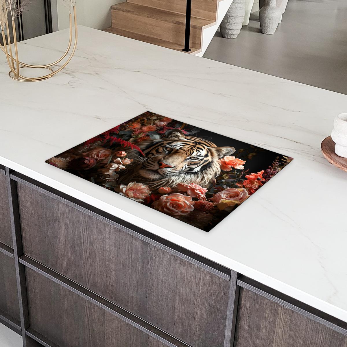 HERDABDECKPLATTE Tiger - Tier - Natur - Floral - Botanisch Induktionsmatte 71x52 cm - Orange, Kunststoff (71/52/0.2cm) - MuchoWow